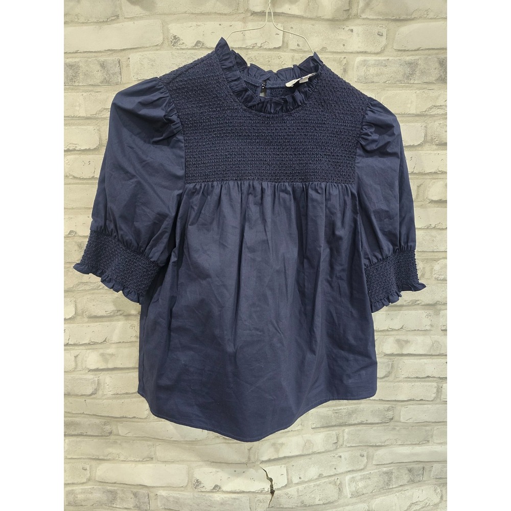 Cartolina XS Cotton Poplin Cassidy Top Ruffle Neckline Smocked Short Sleeve Navy